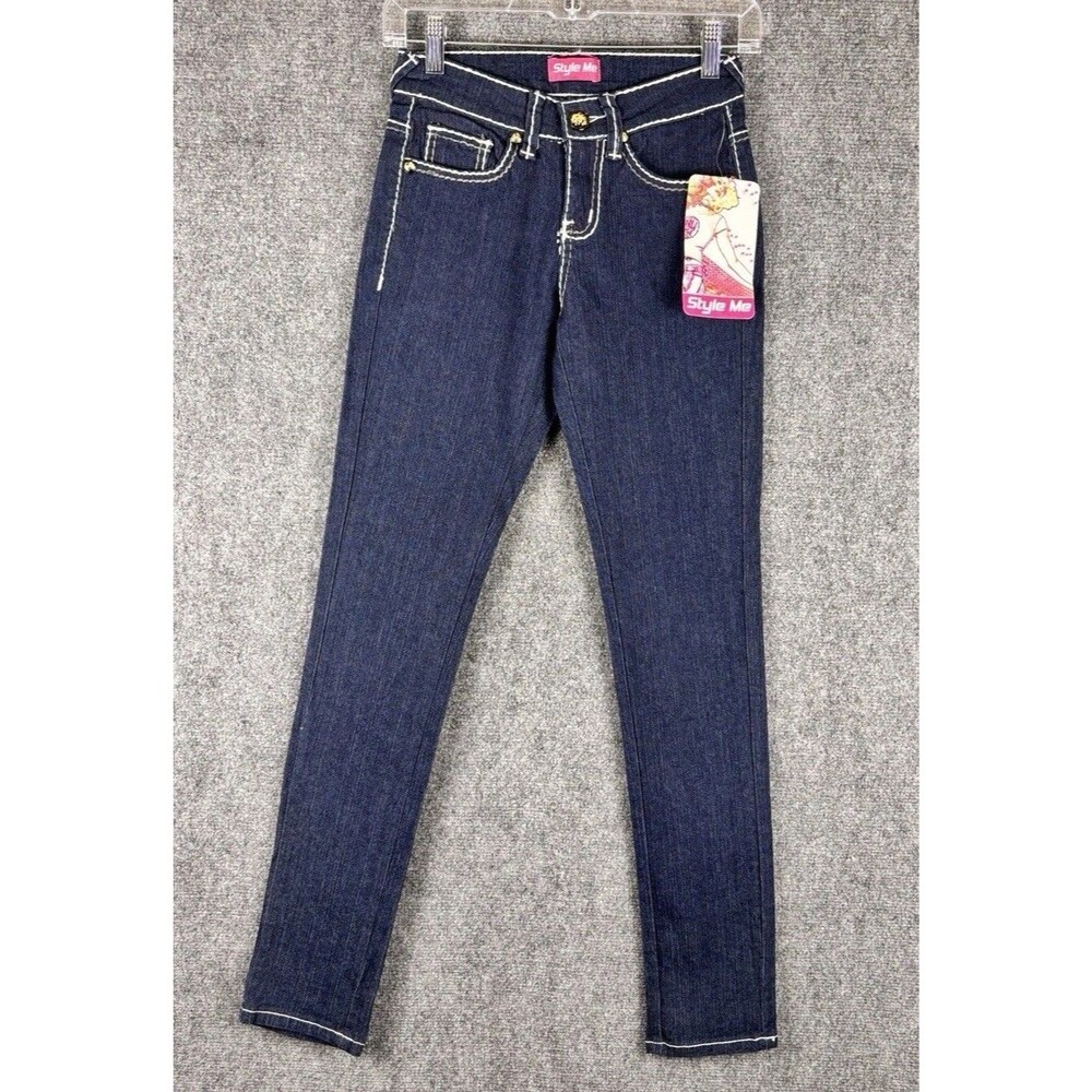 Style Me Jeans Womens 0 Skinny Jeans Dark Indigo White Stitch NWT Y2K SM-13414